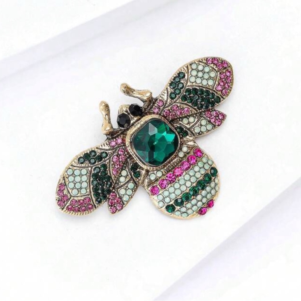 NWOT - Elegant Green and Pink Crystal Bee Brooch